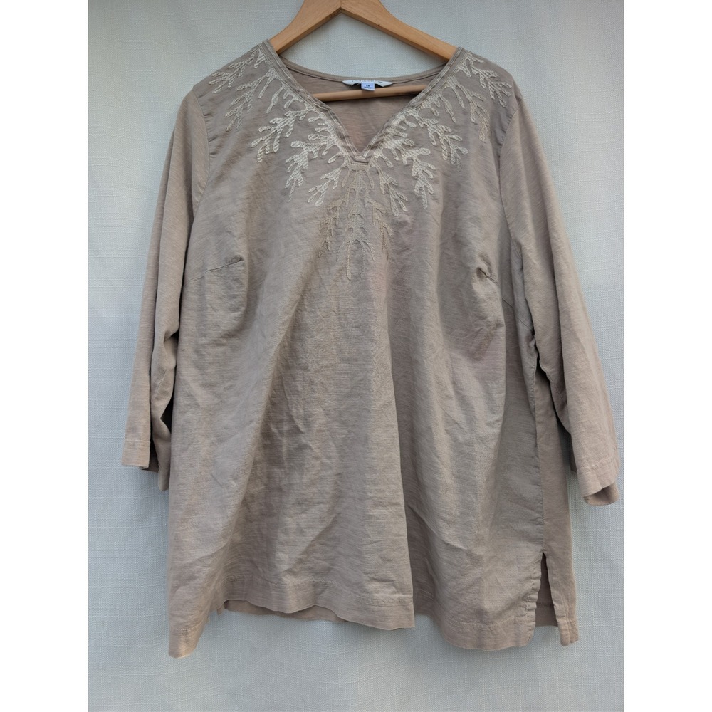 Croft & Barrow Womens 1X Tan Embroidered Split Neck 3/4 Sleeve Cotton Top